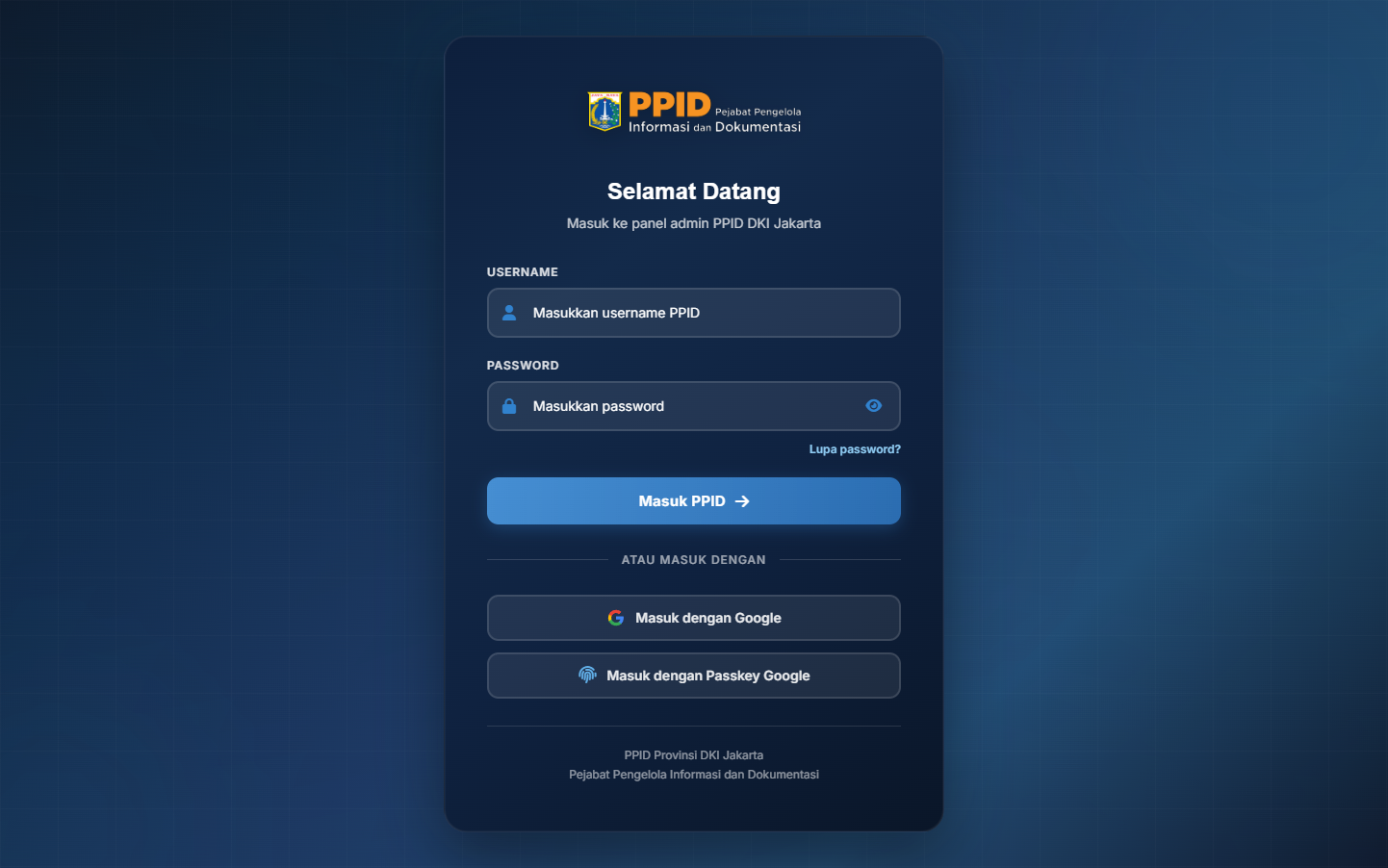 Halaman login panel admin PPID