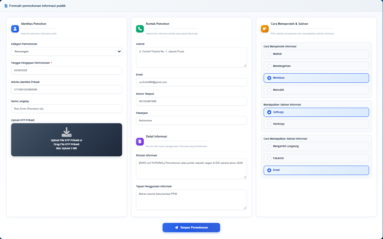 Form registrasi permohonan terisi