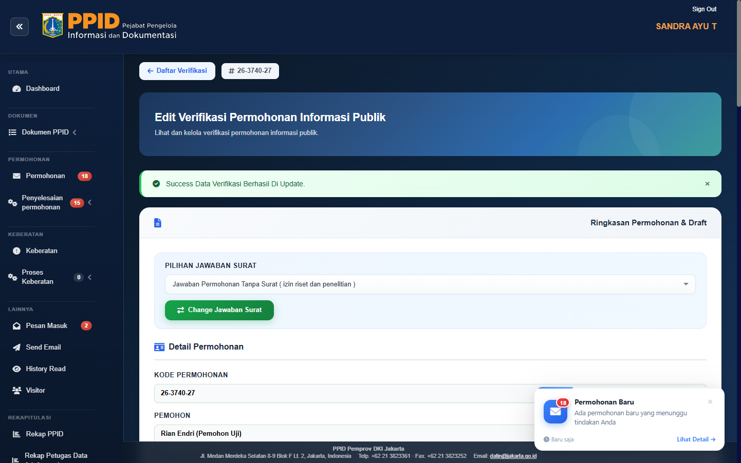 Verifikasi Admin PIC berhasil