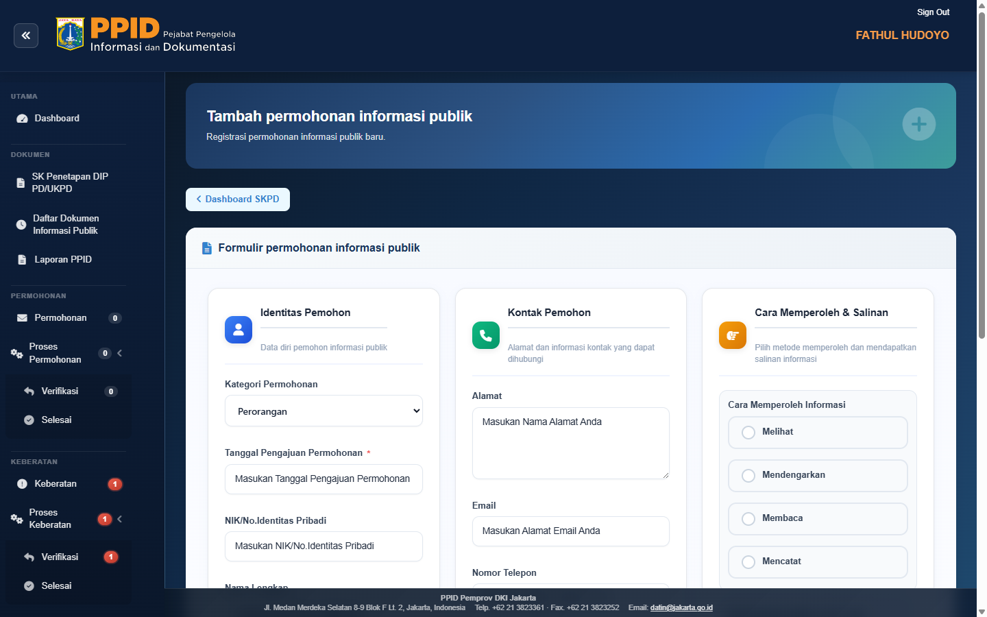 Form registrasi permohonan SKPD