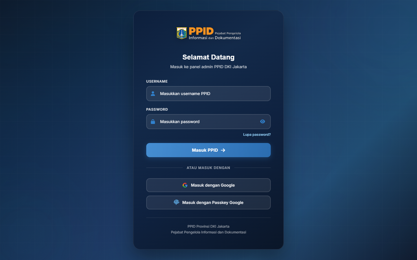 Halaman login panel admin PPID DKI Jakarta
