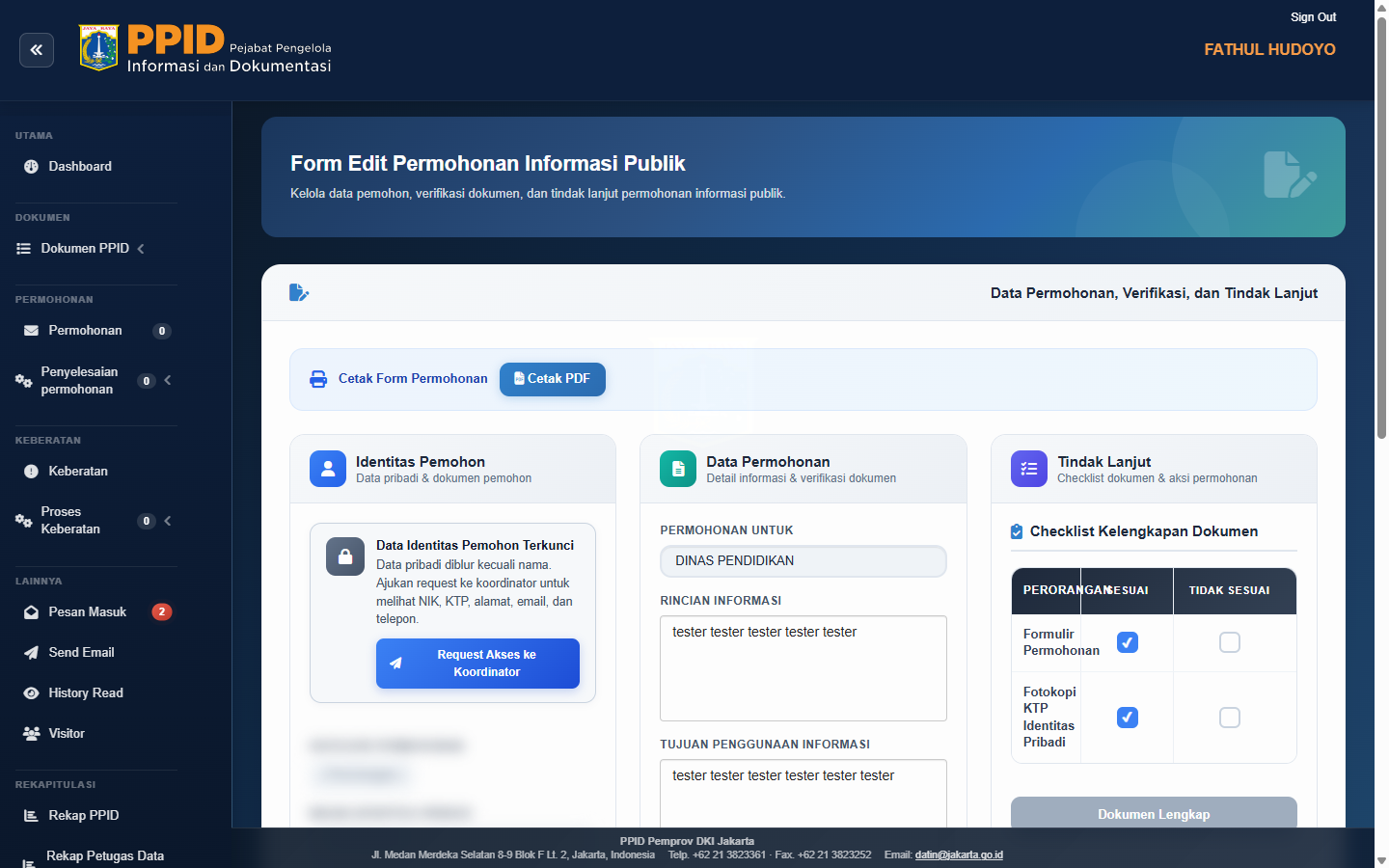 Form edit permohonan dengan checklist dokumen