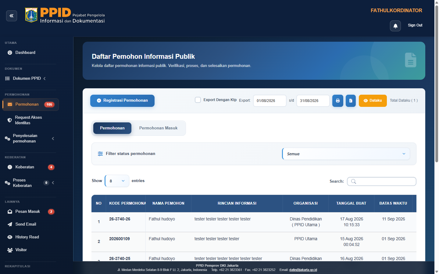 Daftar permohonan koordinator